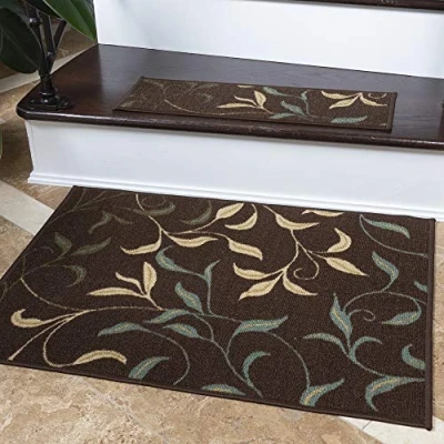 Image of Ottomanson Ottohome Collection Contemporary Leaves Design Rubber Back Area Rug, 67 cm x 90 cm, Brown