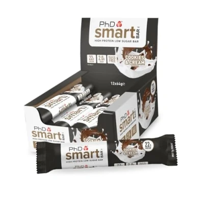 Image of PhD Nutrition Smart Protein Bar Low Calorie, Nutritional Bars/Protein Snacks, High Sugar, Cookies and Cream Flavour, 20g of Protein, 64g (12 Pack)