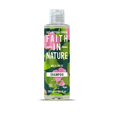 Image of Faith In Nature 300ml Natural Wild Rose Shampoo, Restoring, Vegan &amp; Cruelty Free, No SLS or Parabens, For Normal to Dry Hair