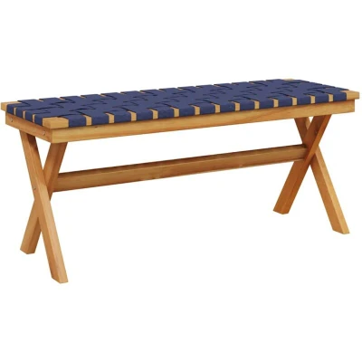 Image of vidaXL Garden Bench in Dark Blue Solid Acacia Wood with Fabric, Weather Resistant Outdoor Seating, Comfort Webbing Design, 100x34x42 cm