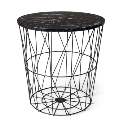 Image of HOMION Round Side Table Wire Metal Storage Basket Modern Bedroom Balcony Corner Tea Bedside Sofa Hallway Living Room (Black Marble Pattern Lid, Small)