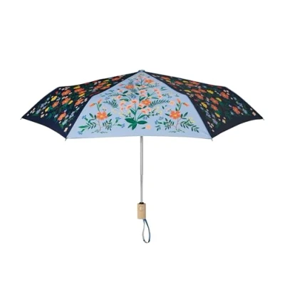 Image of RIFLE PAPER CO. Umbrella Matching Storage Sleeve, Portable Fold Up Size, Auto Open and Close, Wooden Handle, 43&quot; Diameter, Printed in Full Color (11⅛&quot; Closed Length), Wildwood Colorblock