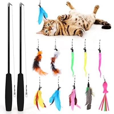 Image of Nobleza Cat Feather Toys Interactive Toy for Indoor Cats Adult Kitten Teaser Wand Fishing Rod with 2 Retractable Wands 10 Refills Bell(12 PCS)