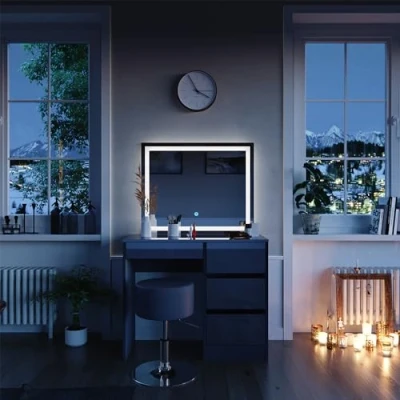 Image of Vicco Vanity table Sherry, Anthracite high gloss, 90 cm with LED mirror and stool