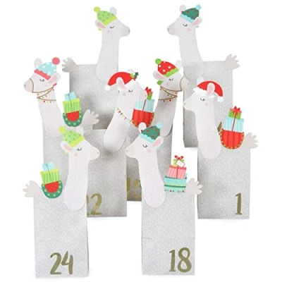 Image of Papierdrachen DIY Advent calendar Kraft paper set punched out llamas with 24 white patterned bags to fill and make yourself Christmas 2021