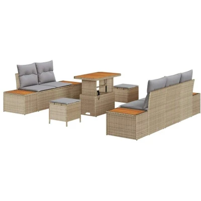 Image of vidaXL 8 Piece Garden Sofa Set with Cushions Beige Poly Rattan Acacia