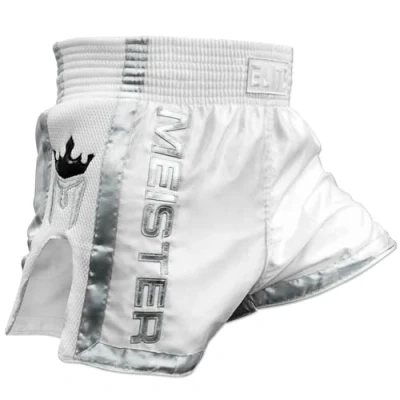 Image of Meister Elite Muay Thai Shorts Fully Elasticated Waist w/Mesh White/Silver Large (34 35)