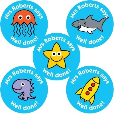 Image of Personalised Teacher Reward Stickers Your Name says Well Done! Mixed Images on Blue Background from The Sticker Factory.