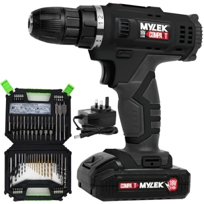 Image of MYLEK MYW09 18V Cordless Drill Electric Screwdriver Set, Powerful Lithium Ion Battery Pack, 18 Volts Combi Driver with 4ORCE Accessory Kit (128 Piece)