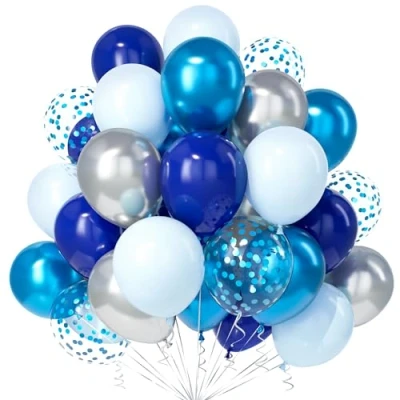 Image of Teselife Blue and Silver Balloons, 30Pcs 12 Inch Navy Pastel Metallic Confetti Balloon with Ribbon Boys Men Birthday Baby Shower Wedding Anniversary Graduation Engagement Decora