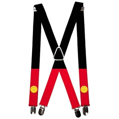 Image of Suspenders Mickey Mouse Bounding Buttons Black Red Yellows 1.0 Inch Wide