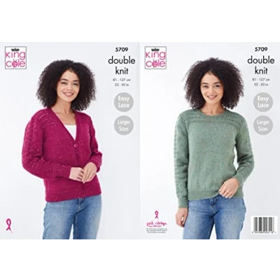 Image of King Cole 5709 Knitting Pattern Womens Cardigan and Sweater in Big Value Tweed DK, Multi, 32inch 50inch