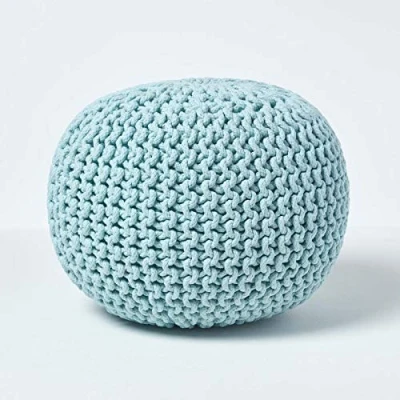 Image of HOMESCAPES Pastel Blue Knitted Pouffe Footstool Bean Filled 100% Cotton for Living Room Children or the Elderly
