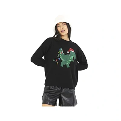 Image of BRAVE SOUL Womens Christmas Dinosaur Jumper (XS) (Black)