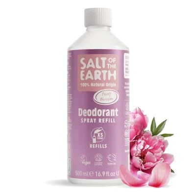 Image of Salt of the Earth Natural Deodorant Spray Refill Certified Natural, Vegan, Long Lasting Protection, Leaping Bunny Approved, Made in UK 500ml (Peony Blossom, 500ml)