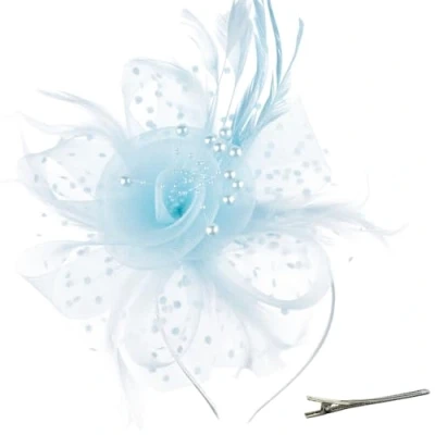Image of DRESHOW Fascinators Hat Flower Mesh Ribbons Feathers on a Headband and Forked Clip Cocktail Tea Party Headwear for Girls Women