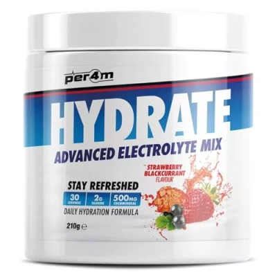 Image of Per4m Hydrate Electrolyte Mix Powder Contains 500mg Cocomineral Replenish Essential Electrolytes Aiding Muscle Function, Cardiovascular Health, Neurological Support (Strawberry Blackcurrant)