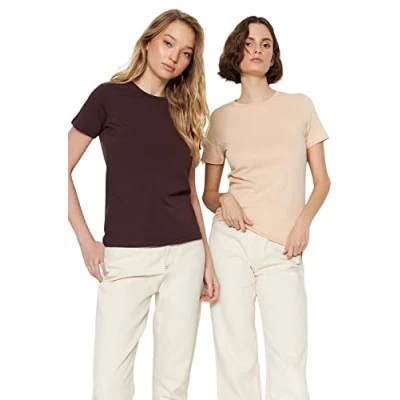 Image of Trendyol FeMan Basics Regular fit Basic Crew Neck Knit T Shirt Brown Beige