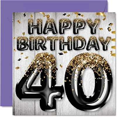 Image of 40th Birthday Card for Men Black &amp; Gold Glitter Balloons Happy Cards 40 Year Old Man Dad Cousin Friend Brother Uncle, 145mm x Forty Fortieth Bday Greeting Gift