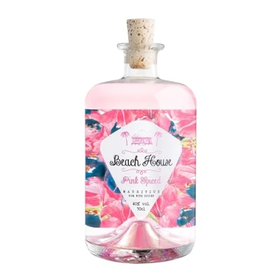 Image of BEACH HOUSE Pink Spiced Rum with natural flavours Distilled in Mauritius Blended and bottled France 40% ABV 700ml Perfect for easy to make cocktails