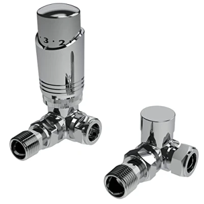 Image of Chrome Thermostatic Radiator Valve Angled Corner Straight TRV Thermostat Valves (Corner)