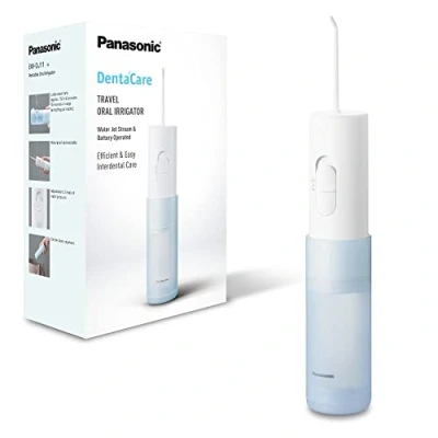 Image of Panasonic EW DJ11 Compact &amp; Portable Water Flossers for Teeth Cordless, Battery Powered Oral Irrigator with 2 Level Pressures, Tooth Cleaner Nozzle, Travel use, Waterproof, White/Blue, UK Pin Plug