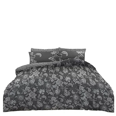 Image of Floral Fitted Sheet &amp; Double Duvet Cover With Pillowcases, Polycotton Fabric Complete Bed Set, 4Pcs Printed Quilt Cover, Grey
