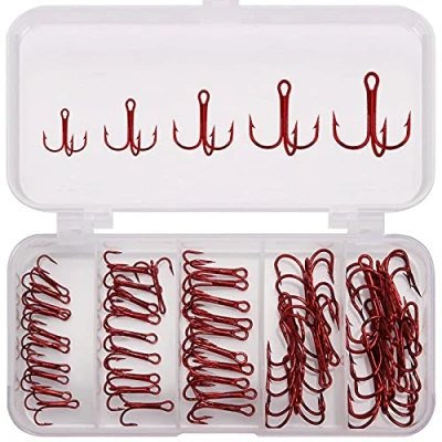 Image of ANCLLO 50pcs Fishing Treble Hooks Kit High Carbon Steel Strong Sharp Round Bend for Hard Bait Lures Saltwater Freshwater Red