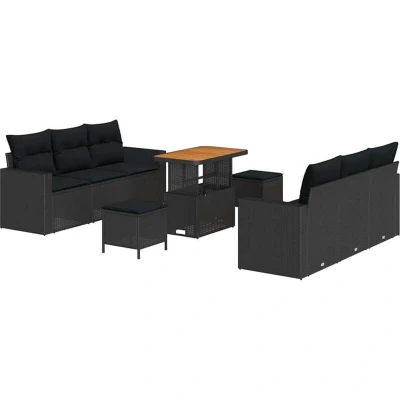 Image of vidaXL 9 Piece Garden Sofa Set with Cushions Black Poly Rattan Acacia