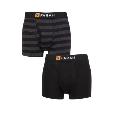 Image of Mens 2 Pack Farah Plain and Striped Cotton Classic Keyhole Trunks Broad Stripe Black / Charcoal S