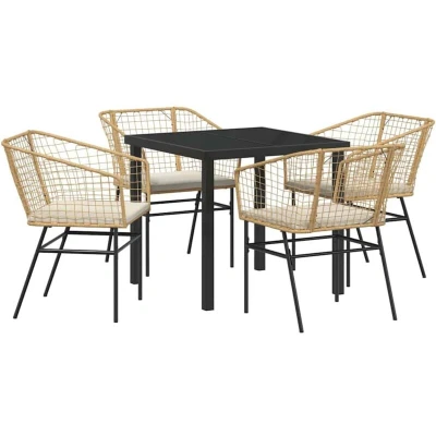 Image of vidaXL 5 Piece Garden Dining Set with Cushions Brown Poly Rattan