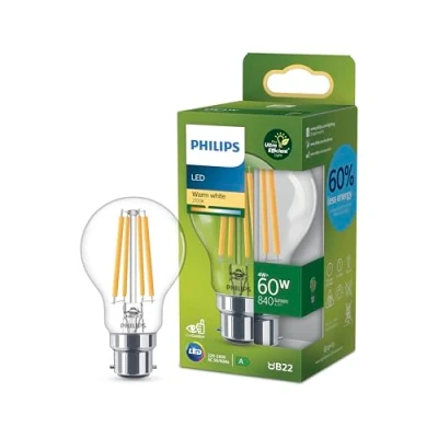 Image of PHILIPS Ultra Efficient Energy Saving Lights, LED Light Source, 60W, A60, B22 Warm White 2700 Kelvin, Clear