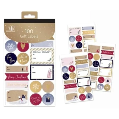 Image of 100 Contemporary Design Christmas/Xmas Foil Sticker Gift Labels Gold, Red &amp; Blue