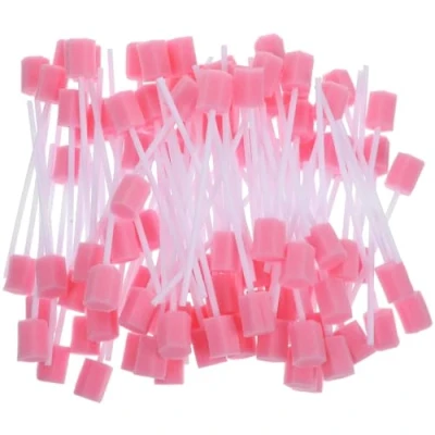 Image of FiTspi 100Pcs Oral Care Sponge Swabs Disposable Mouth Swab with Stick Pink Convenient Dental for Tooth Cleaning