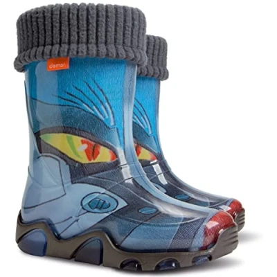 Image of Demar Kids Boys Girls Wellies Rain Boots Warm Fleece Lined Light Unisex Children Wellington 10/11 UK Child (label 28/29) Transformer