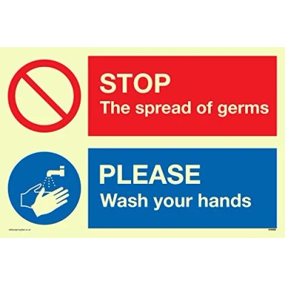 Image of STOP germs PLEASE wash your hands sign Plastic Semi rigid Photoluminescent