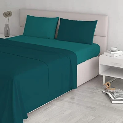 Image of Italian Bed Linen Natural Color Set (Flat 250x300, Fitted Sheet 170x200cm+2 Pillowcases 52x82cm), Petrol Bottle Green, Royal/Light Blue, DOUBLE