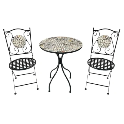 Image of BrackenStyle Metal Mosaic Folding Bistro Garden Set 60cm Round Table and 2 Foldable Chairs (Autumn, 3 Piece)