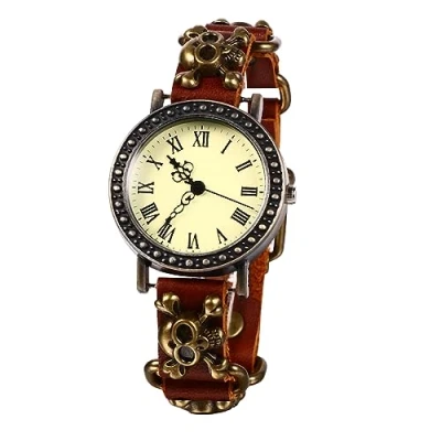 Image of JewelryWe Vintage Wrist Watch Punk Skull Leather Quartz Watches for Men Women, Halloween