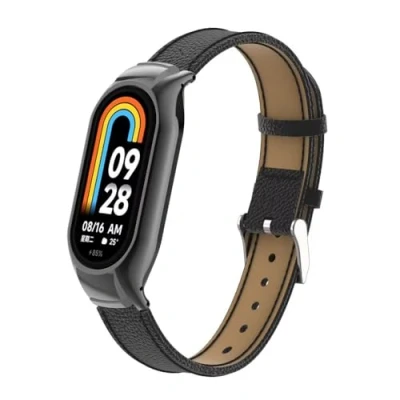 Image of T BLUER Compatible with Xiaomi Mi Smart Band 8 Strap,Mi Leather Replacement Bracelet Wristband Accessories Metal Frame for Grey