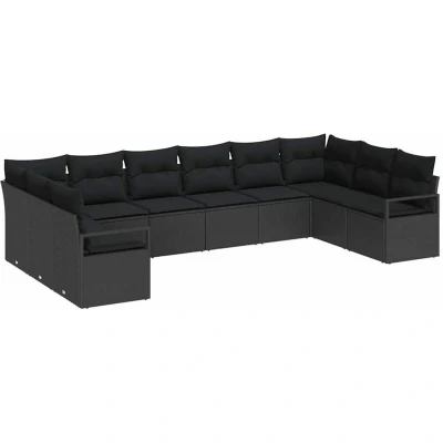 Image of vidaXL 10 Piece Garden Sofa Set with Cushions Black Poly Rattan