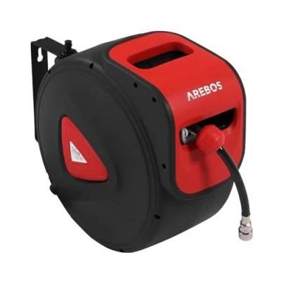 Image of Arebos Compressed Air Hose Reel Automatic Wall Mount 1/4 Inch Quick Coupling UV Resistant 180 Swivel Includes Mounting Bracket 30 m
