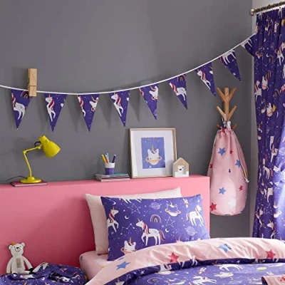 Image of Happy Linen Company Girls Unisex Space Unicorn Purple 3.1 Metre Double Sided Bedroom Bunting Banner Triangle Flags