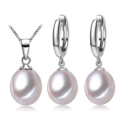 Image of 925 Sterling Silver Jewelry Sets Natural Freshwater Pearl Drop Earrings Custom Trendy Pendant Chain Necklaces For Women