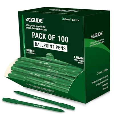 Image of Eziglide Ballpoint Green Pen, Pack of 100 Pens, Smooth Writing Action Medium Point 1.0mm Coloured Pens Multipack Ball Ideal for School, Home or Work Stationery Supplies