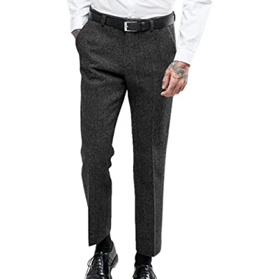 Image of Solovedress Mens Vintage Herringbone Suit Pants Tweed High Waisted Wool Slim Fit Trousers for Wedding Groomsmen(Black,32)