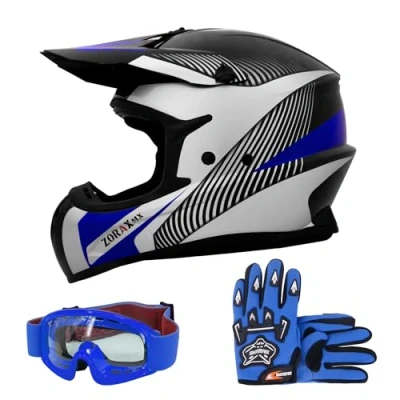 Image of Zorax Black/Silver/Blue XL (61cm) ZOR X305 Motocross Helmet &amp; Gloves XL(11cm) Goggles MX Quad ATV Sports Enduro Crash Dirt Bike ECE 22.06 Certified