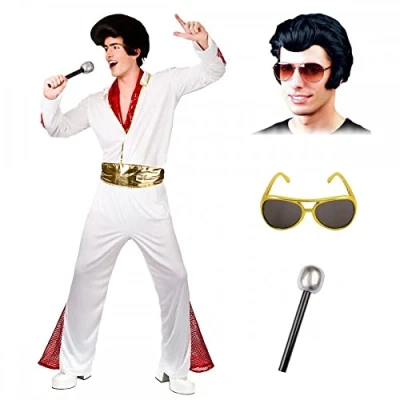 Image of Adult Mens King of Rock n&#039; Roll Costume + Wig Glasses Mic : Star Legend Fancy Dress (Medium (Chest 41&#039;&#039;))