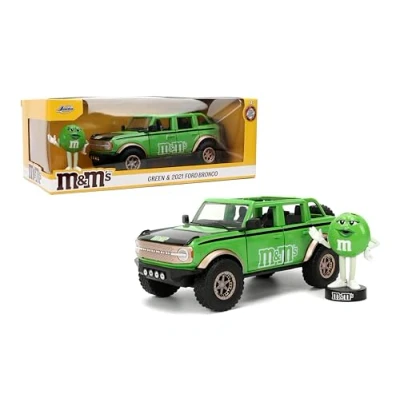 Image of Jada Hollywood Rides M&amp;M&#039;S 2021 Ford Bronco with Green Metal Figure Die cast Car Opening Doors, 1:24 Scale, Ages 8+, Collectible Toy for Kids and Adults