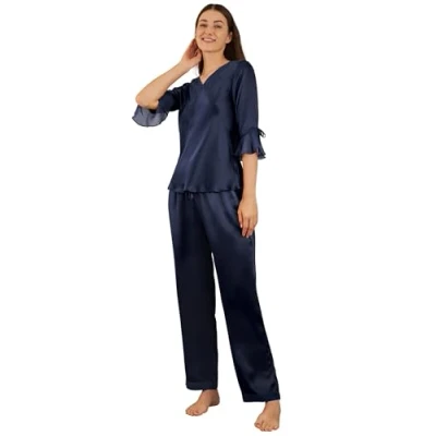 Image of LilySilk Women&#039;s Silk Pyjamas Set Laced V Neck Long 22 Momme Pure Navy Blue Size 12/M